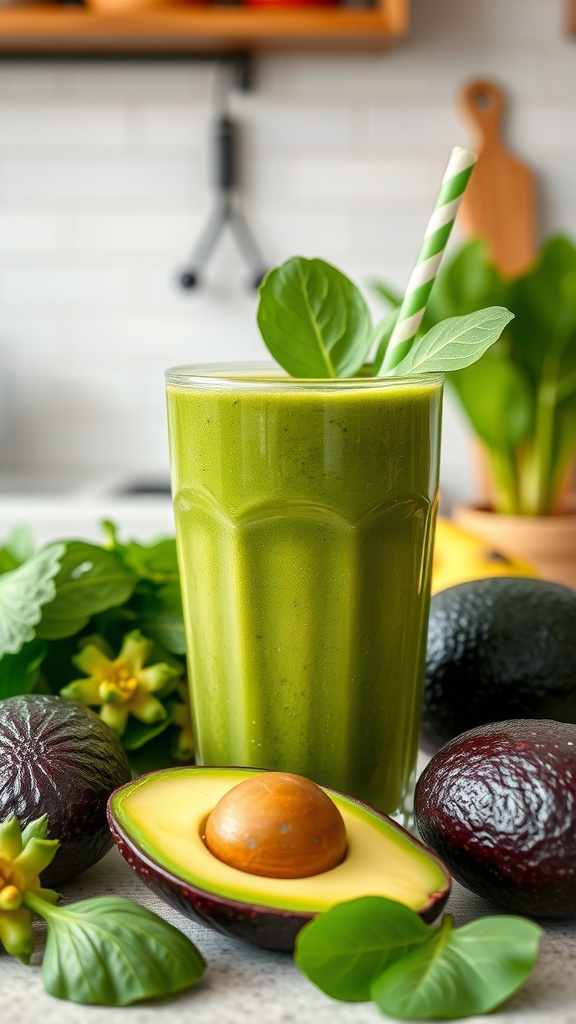 A green smoothie with avocado and spinach, served in a tall glass with a straw.