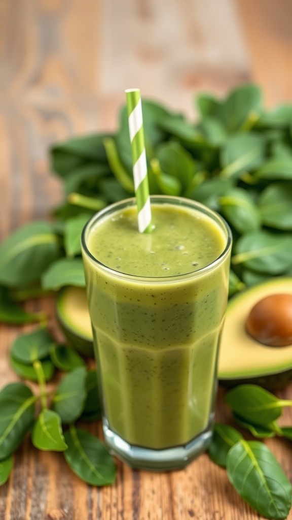 A refreshing green spinach avocado smoothie in a glass with a straw.