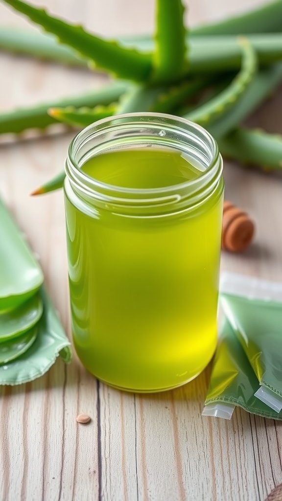 A jar of green aloe vera gel surrounded by fresh aloe vera leaves