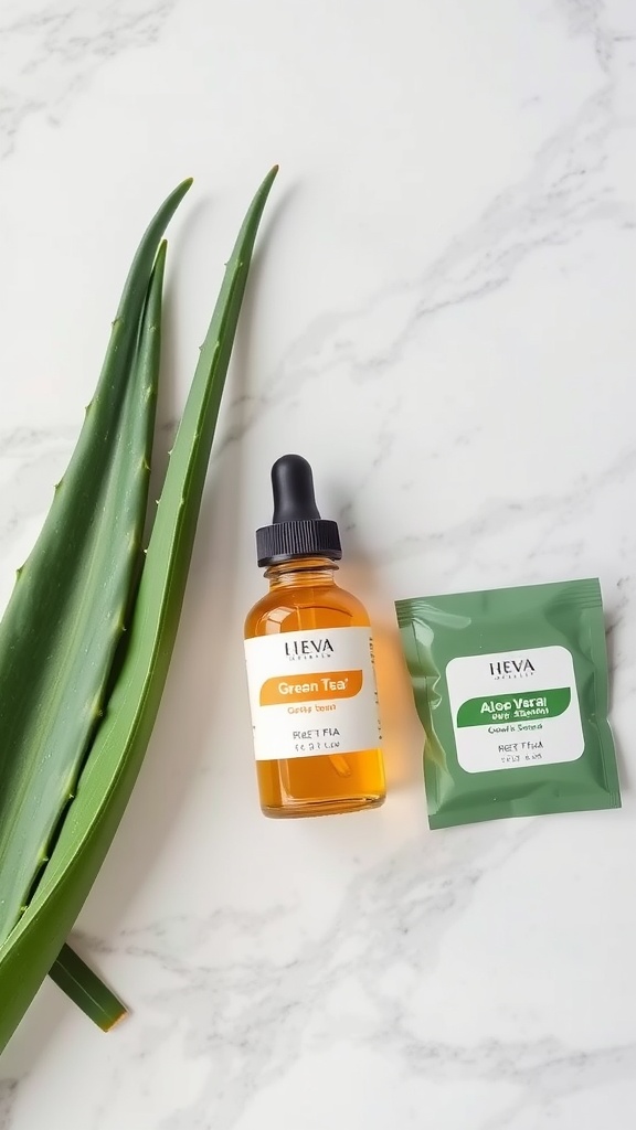 Green tea serum bottle, fresh aloe vera leaf, and aloe vera pack on a marble surface.