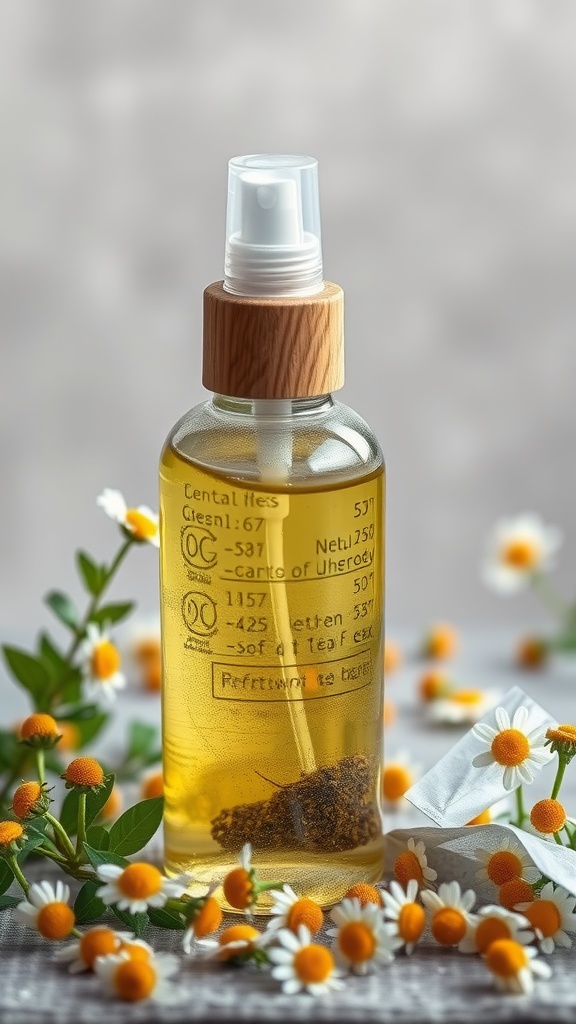 A spray bottle filled with a golden liquid, surrounded by chamomile flowers and green leaves.
