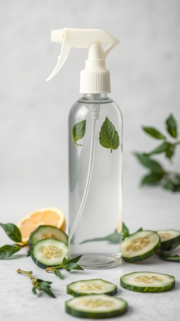 A spritz bottle containing a cooling spray with cucumber slices and green tea leaves around it.