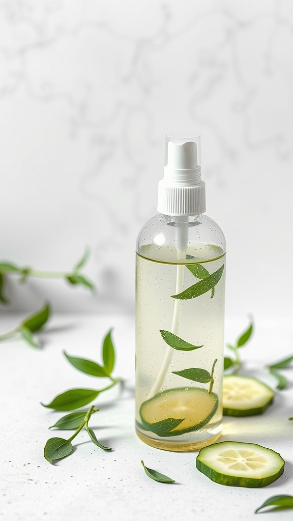 A clear spray bottle filled with green tea and cucumber slices, surrounded by cucumber slices and green leaves.