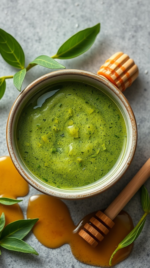A bowl of green tea and honey mask with honey drizzled beside it and fresh leaves around.