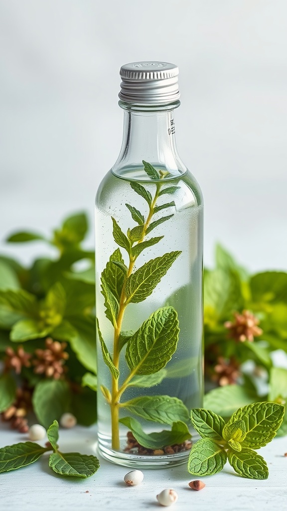 A glass bottle filled with infused water and mint leaves, set against a backdrop of fresh mint foliage.