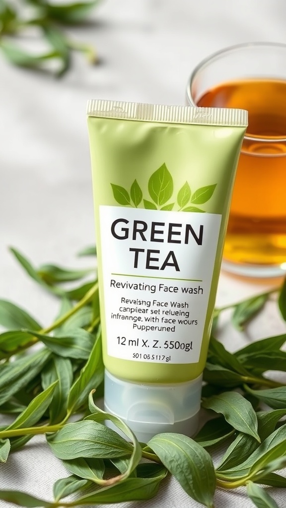 A tube of Green Tea Revitalizing Face Wash next to a cup of brewed green tea and green tea leaves.