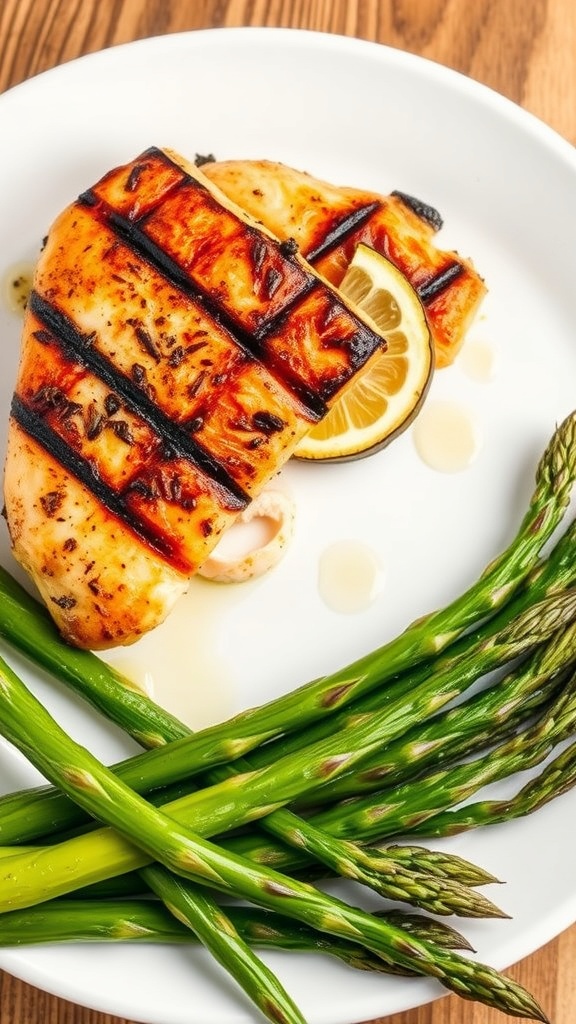 Grilled chicken breast with asparagus on a white plate, garnished with lemon slices.
