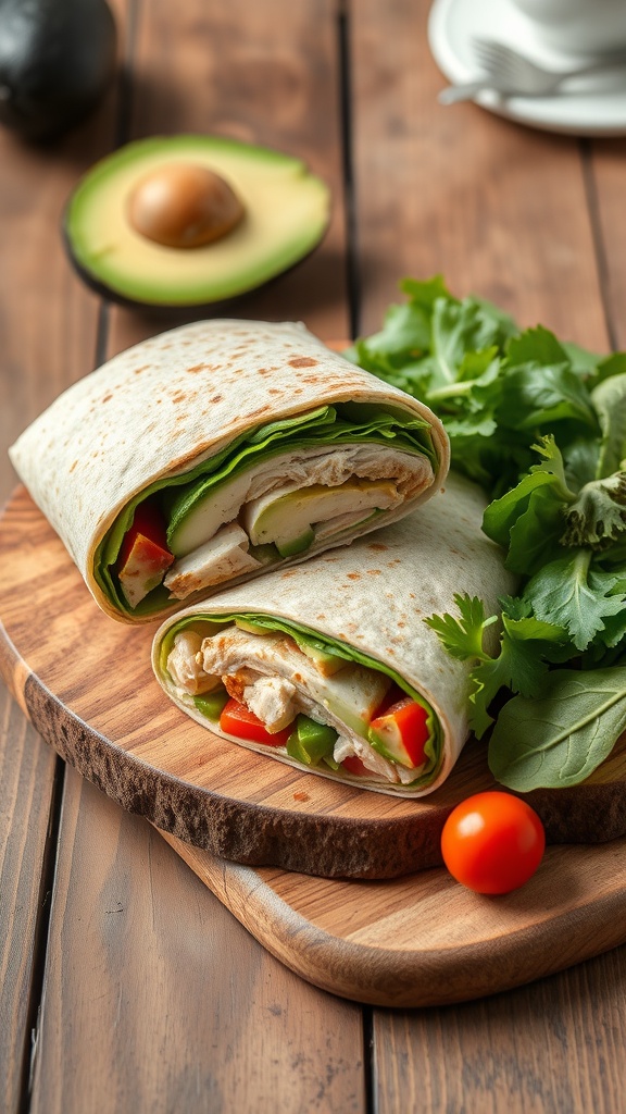 A grilled chicken and avocado wrap on a wooden cutting board with fresh vegetables.