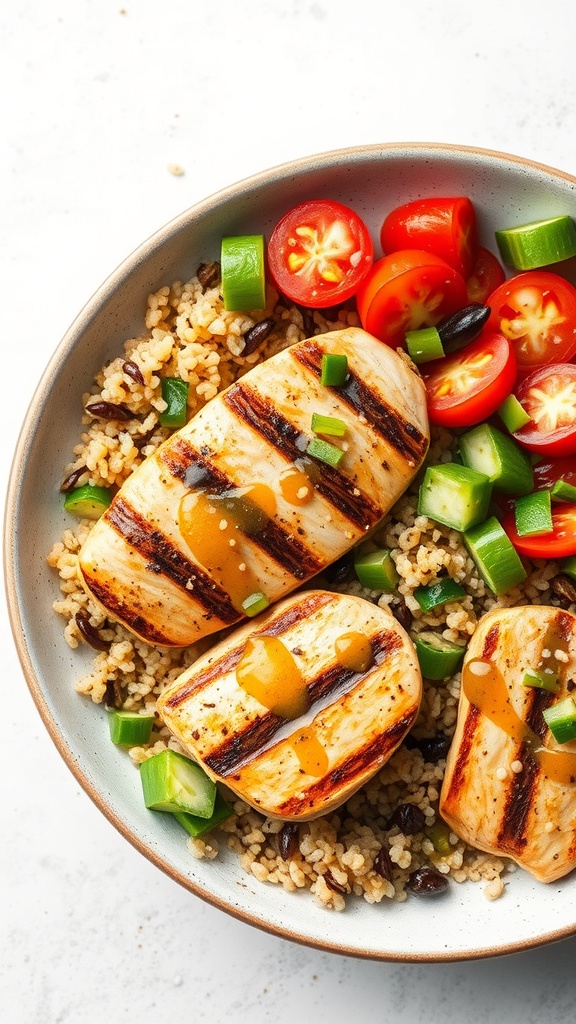 A healthy grilled chicken and quinoa bowl with fresh vegetables