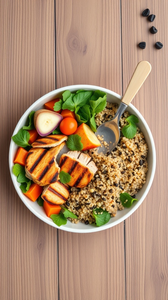 A bowl of grilled chicken and quinoa with colorful vegetables and greens.