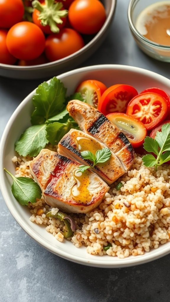 A healthy meal prep bowl with grilled chicken, quinoa, cherry tomatoes, and greens.