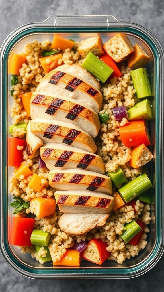 A colorful grilled chicken and quinoa salad in a lunchbox with fresh vegetables and blueberries.