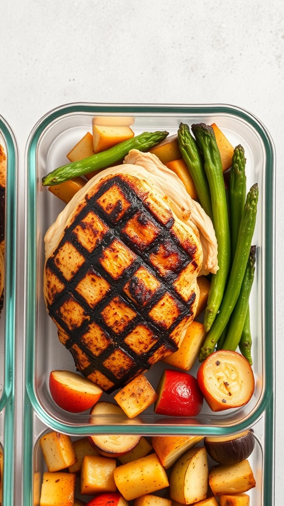 Grilled chicken with roasted vegetables in meal prep containers
