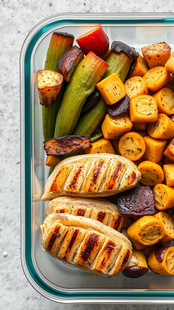 Grilled chicken with roasted vegetables in a meal prep container