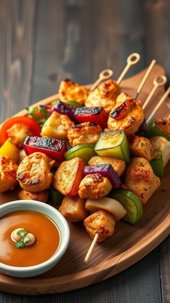 Grilled chicken and vegetable skewers on a wooden platter with dipping sauce