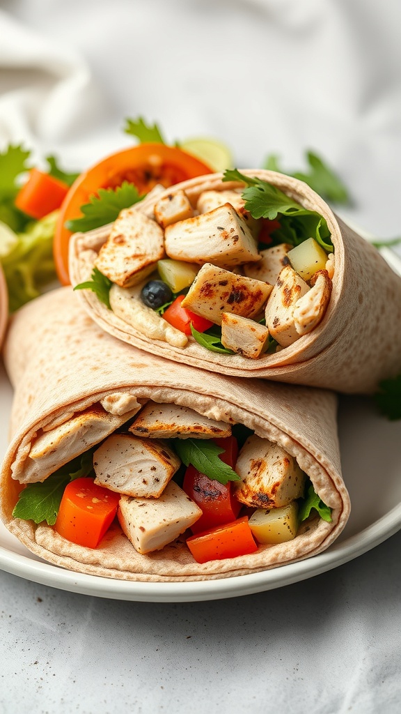 A close-up of a grilled chicken and vegetable wrap with hummus, showcasing colorful veggies and grilled chicken in a tortilla.