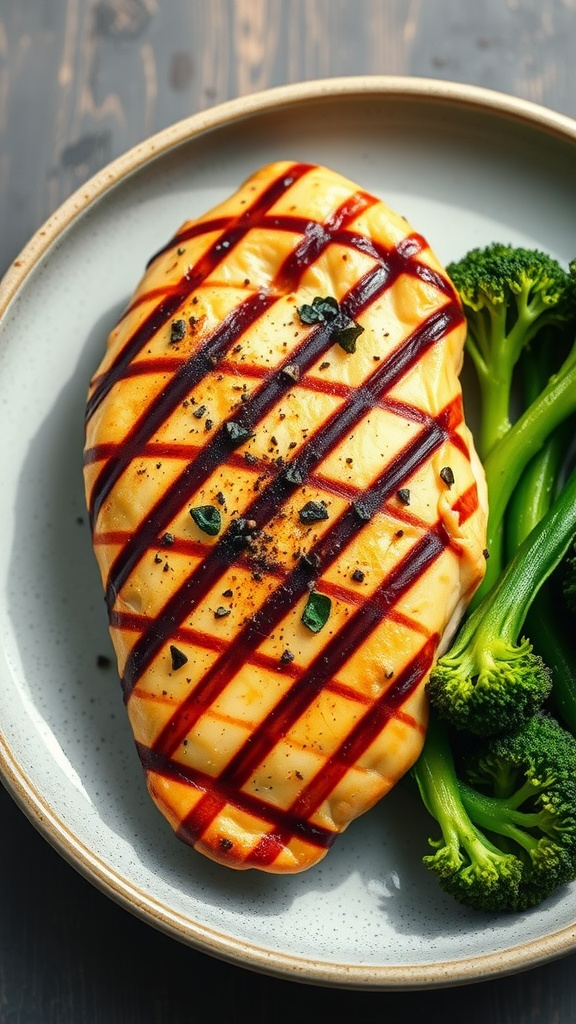 A plate featuring grilled chicken breast with a decorative sauce, served with fresh steamed broccoli.