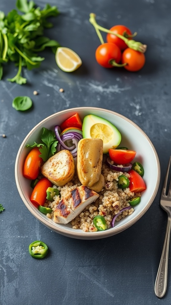 A colorful grilled chicken quinoa bowl with assorted vegetables.