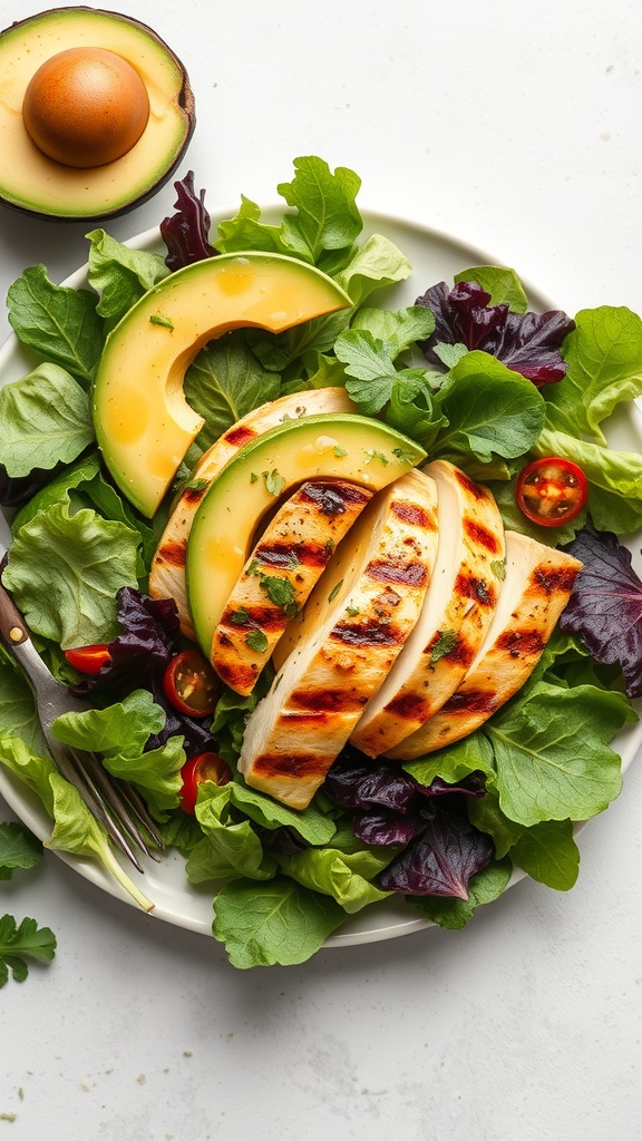 A colorful grilled chicken salad with avocado slices, mixed greens, and cherry tomatoes.