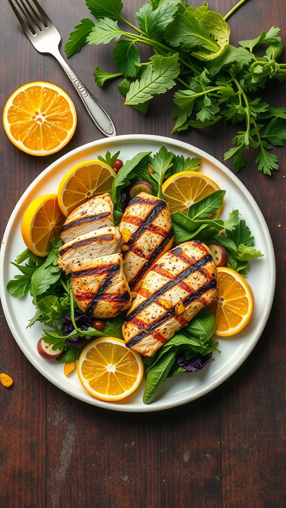 A vibrant grilled chicken salad with citrus dressing, featuring grilled chicken slices on a bed of greens, garnished with lemon slices and olives.