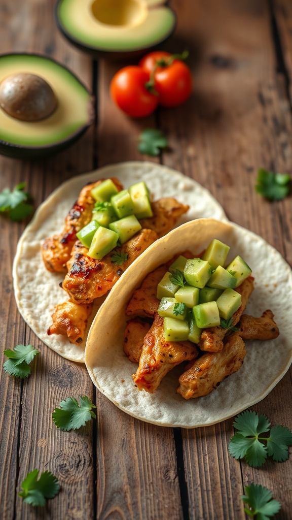 Grilled chicken tacos with avocado salsa on a wooden table