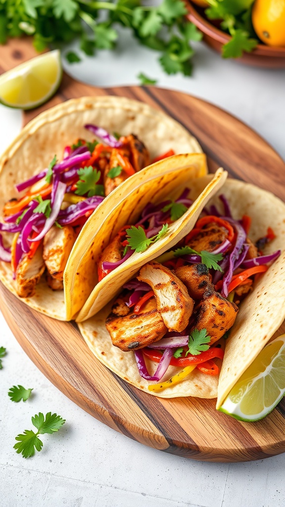Grilled chicken tacos served with cabbage slaw on a wooden platter.