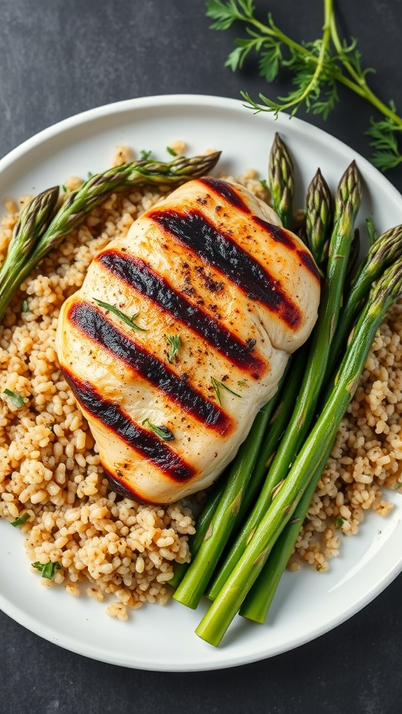 Grilled chicken breast served with asparagus and quinoa on a white plate.