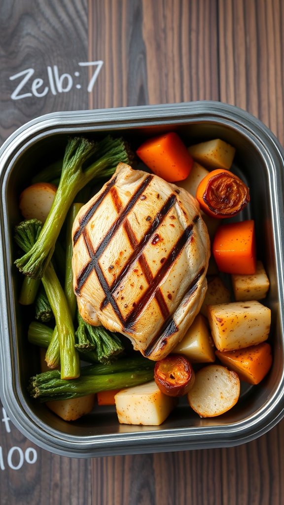 Grilled chicken breast with roasted vegetables in a meal prep container.