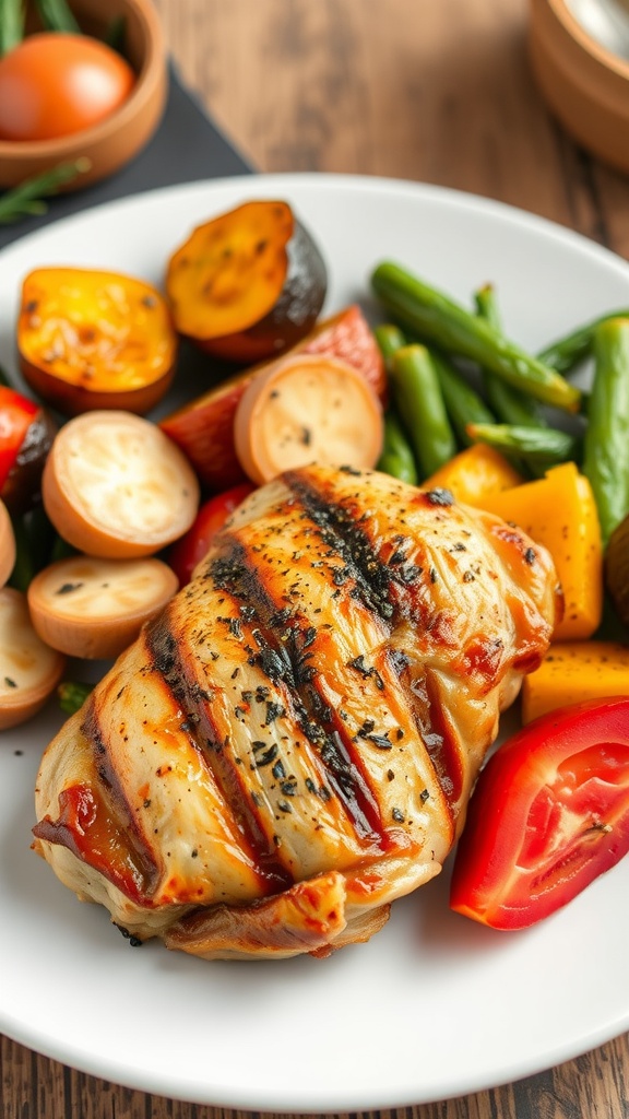 Grilled chicken breast served with colorful roasted vegetables