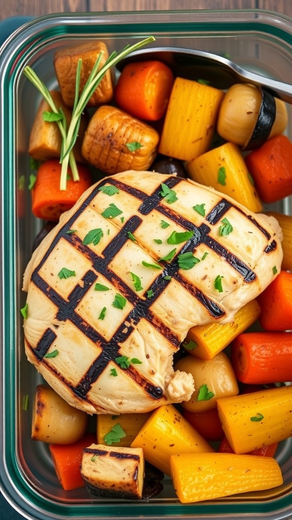 A meal prep container with grilled chicken and roasted vegetables including carrots and yellow squash.