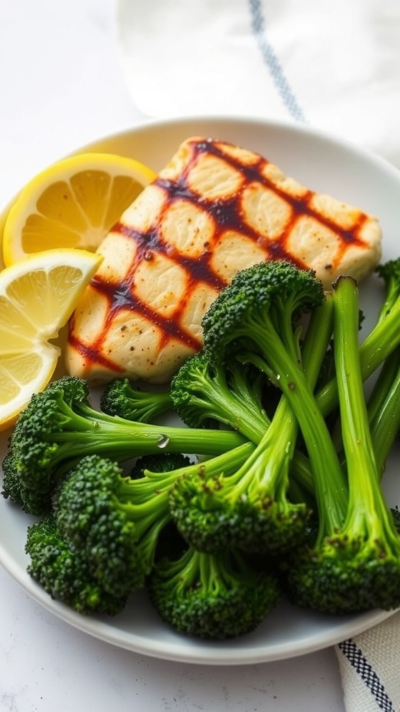 Grilled chicken served with steamed broccoli and lemon slices