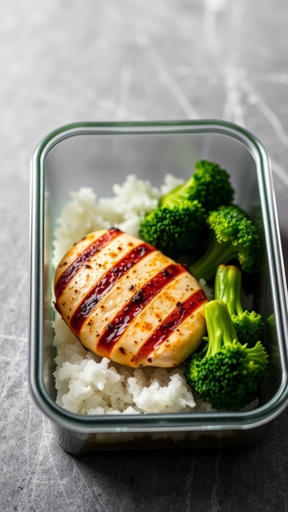 Grilled chicken breast with steamed broccoli in a meal prep container