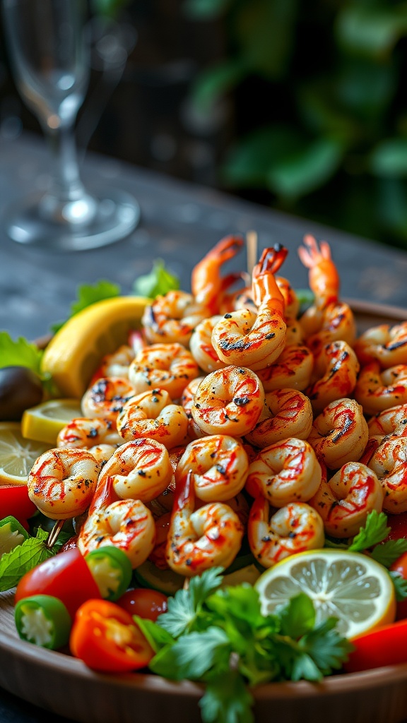A plate of grilled lemon garlic shrimp skewers garnished with fresh herbs and lemon slices.