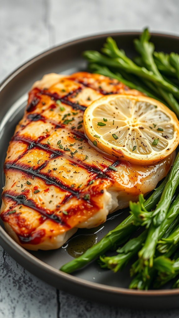 A plate of grilled lemon herb chicken with green beans, garnished with lemon slices.