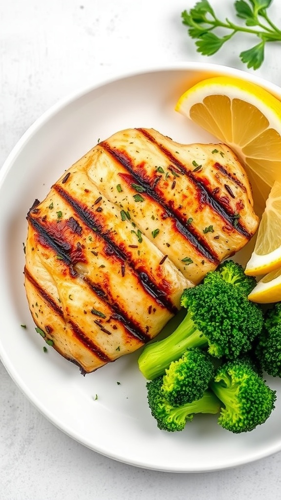 Grilled lemon herb chicken served with broccoli and lemon slices