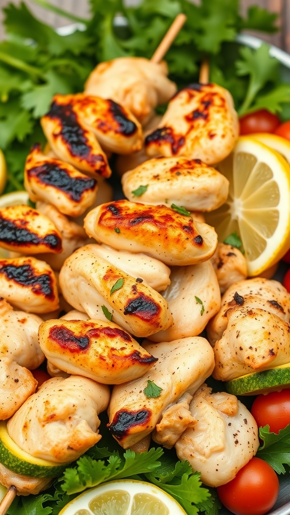 Grilled lemon herb chicken skewers on a platter with fresh herbs and lemon slices
