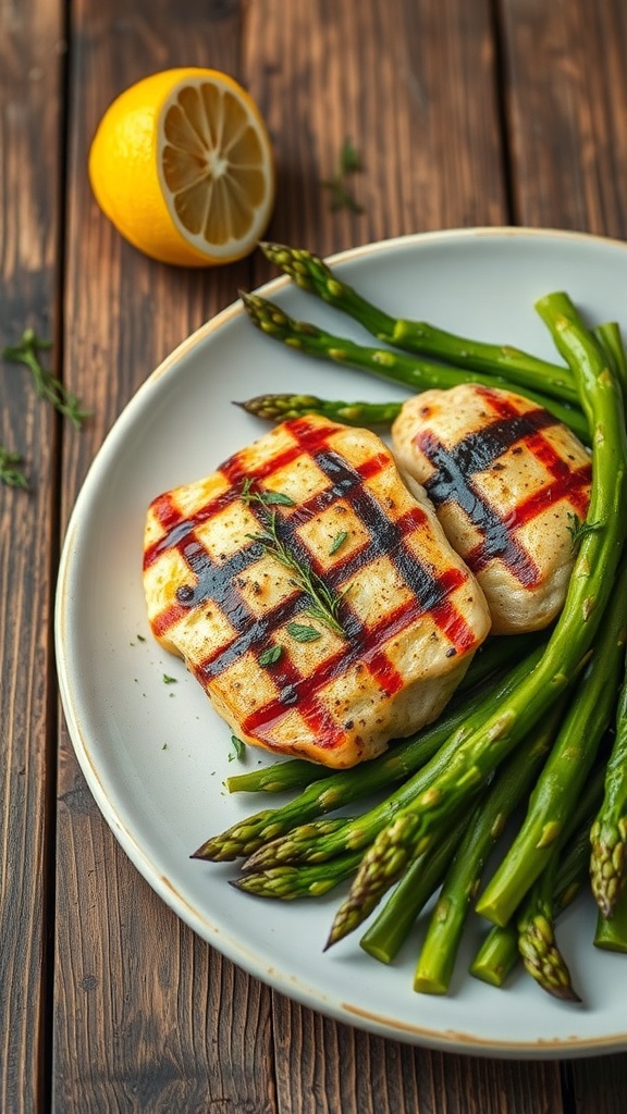 Grilled lemon herb chicken with asparagus on a plate, garnished with a lemon slice.