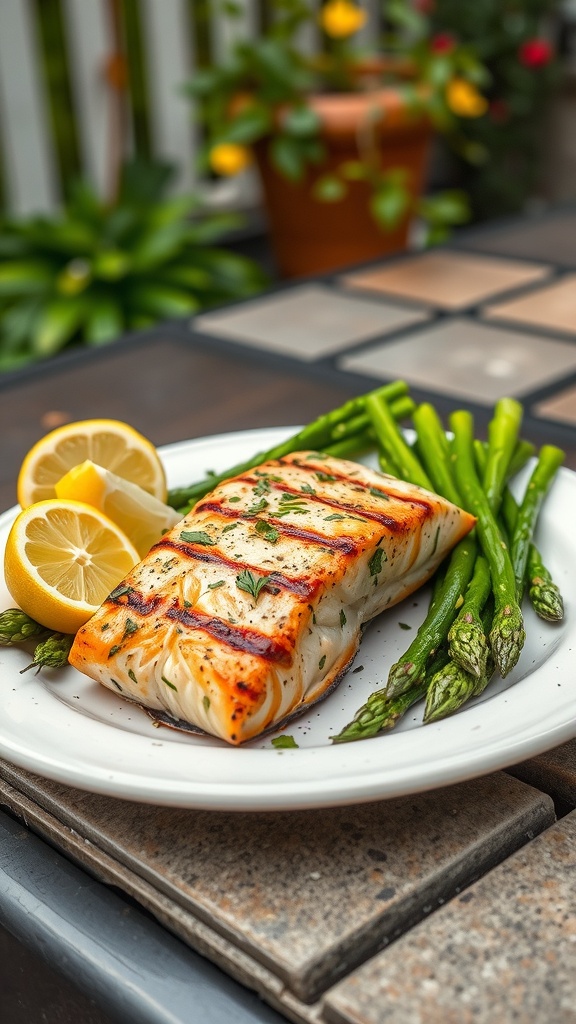 Grilled lemon herb salmon with asparagus and lemon wedges on a plate