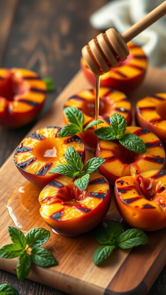 Delicious grilled peaches topped with honey and mint leaves.