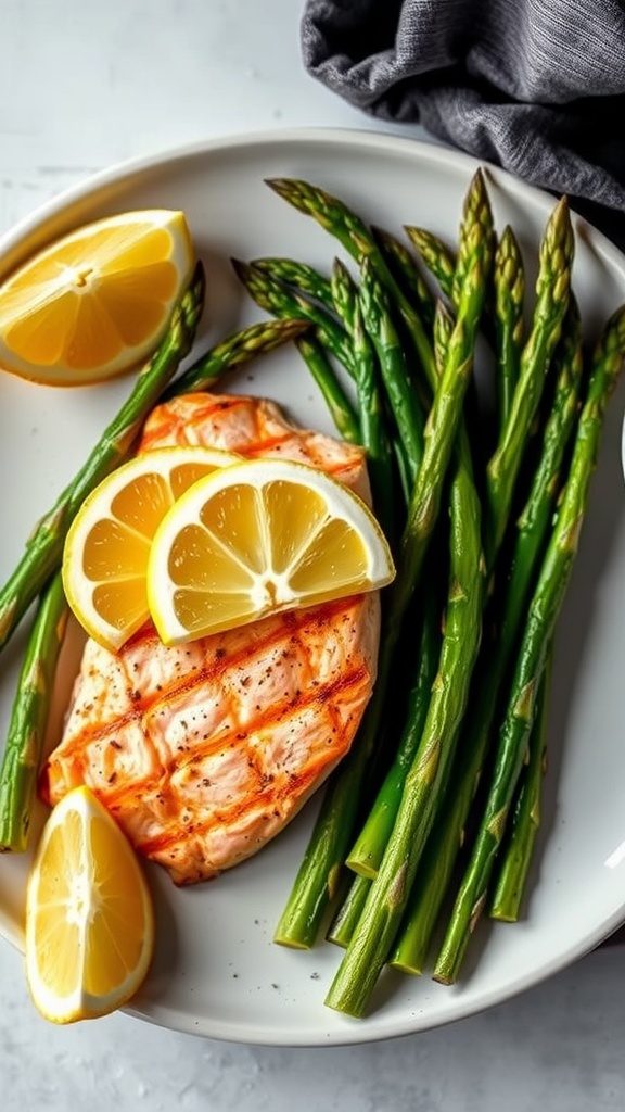 Grilled salmon fillet with lemon slices and asparagus on a plate