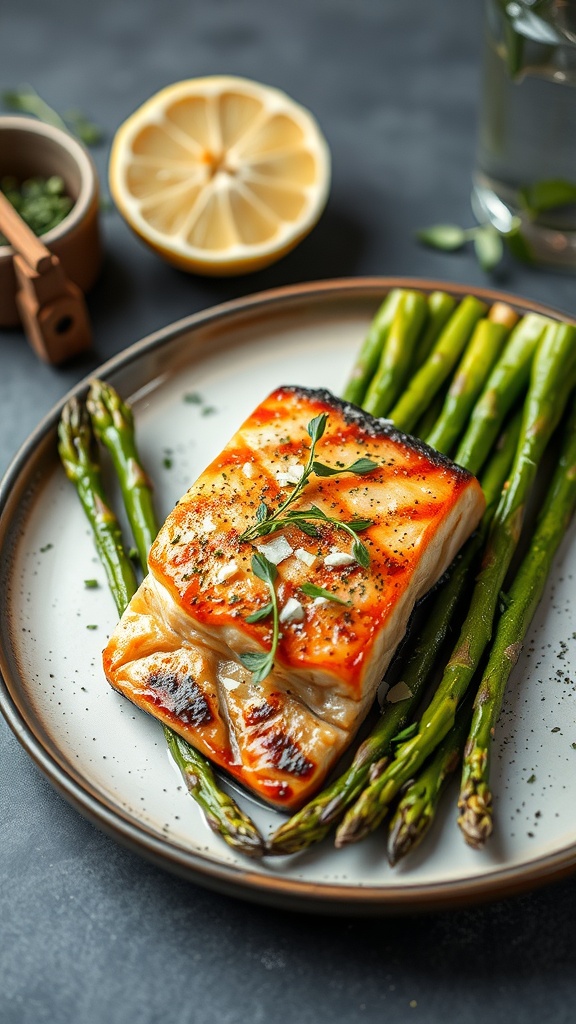 Grilled salmon fillet served with asparagus on a plate