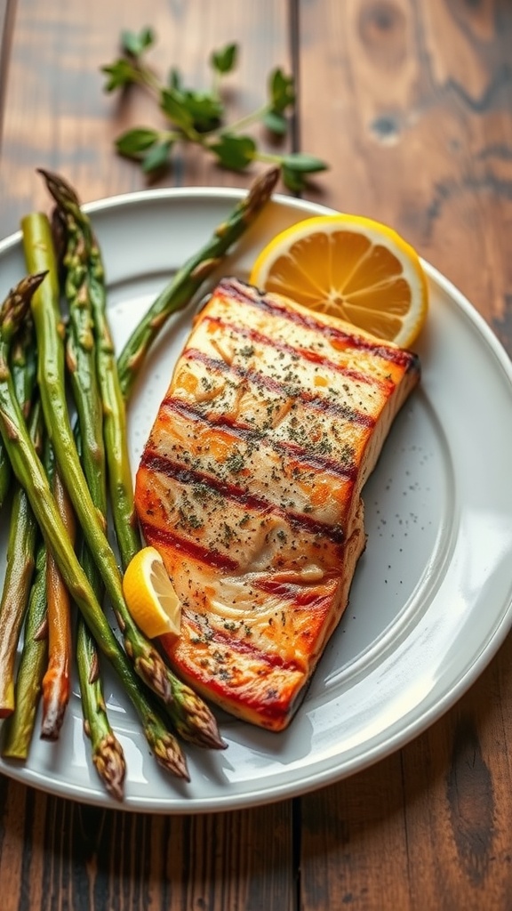 Grilled salmon fillet served with asparagus and lemon slices.