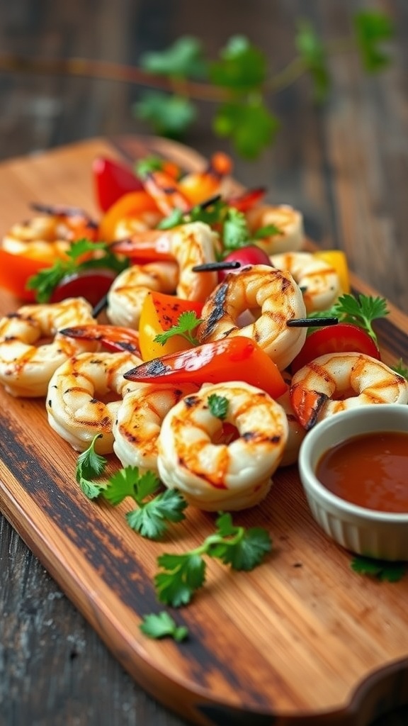 Grilled shrimp skewers with colorful veggies served on a wooden platter with fresh herbs.