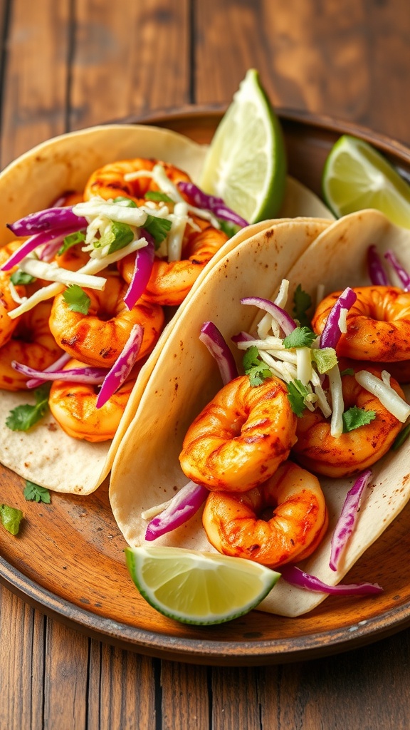 Grilled shrimp tacos with cabbage slaw on a wooden plate, garnished with lime wedges.