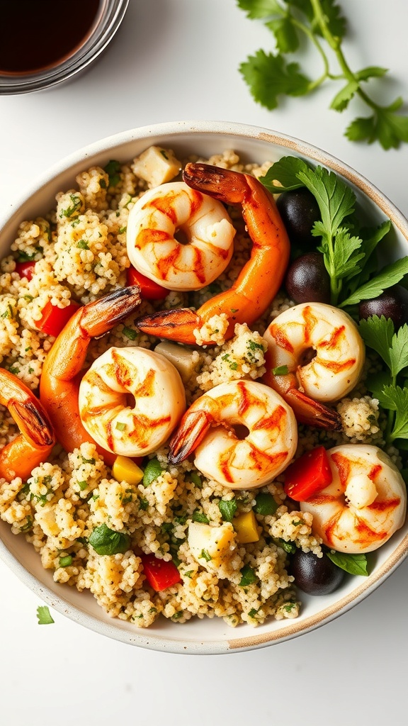 A bowl of grilled shrimp served with quinoa salad, featuring colorful vegetables and garnished with fresh herbs.
