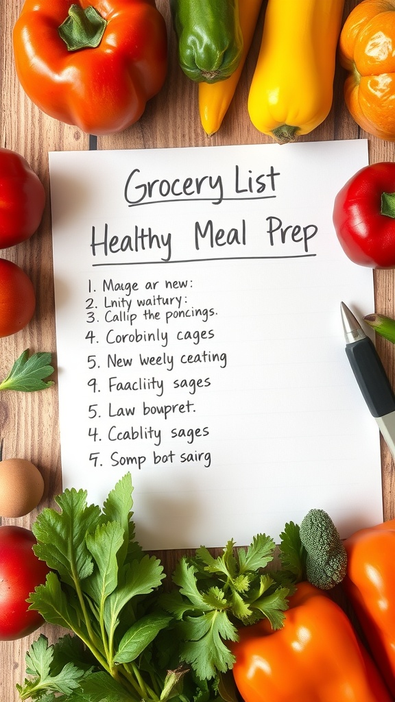 A grocery list for healthy meal prep surrounded by fresh vegetables.