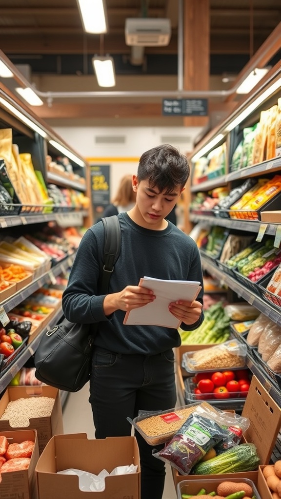 A student grocery shopping, checking a list in a store aisle filled with fresh produce.