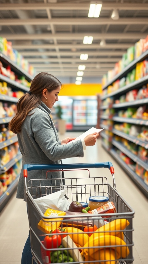 A woman grocery shopping with a cart full of fresh produce and essentials.