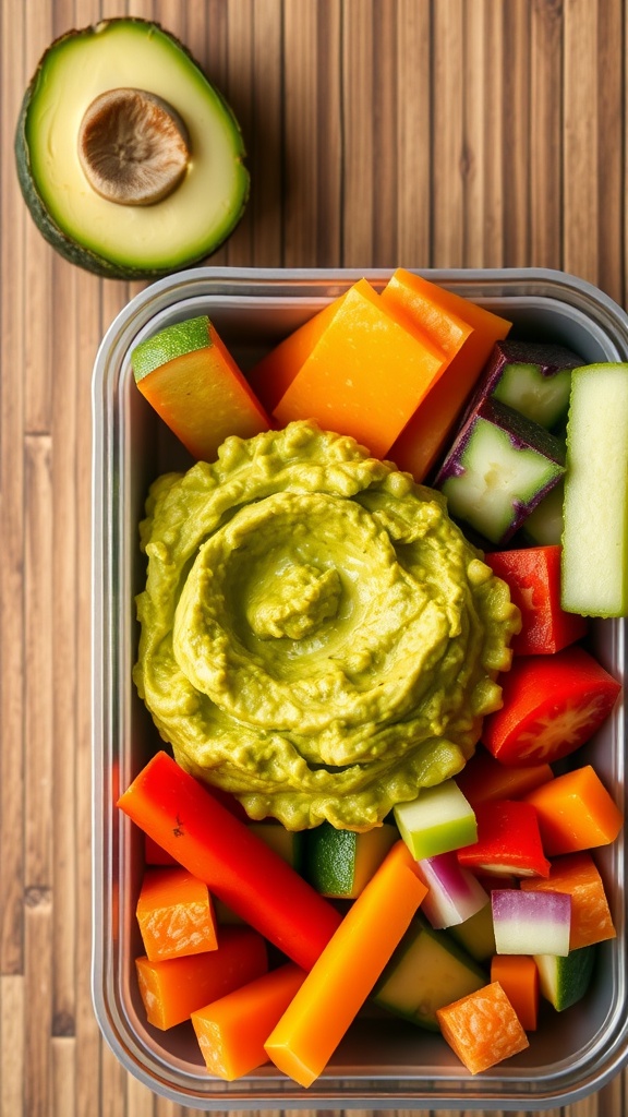 A lunchbox filled with guacamole and colorful veggie sticks.