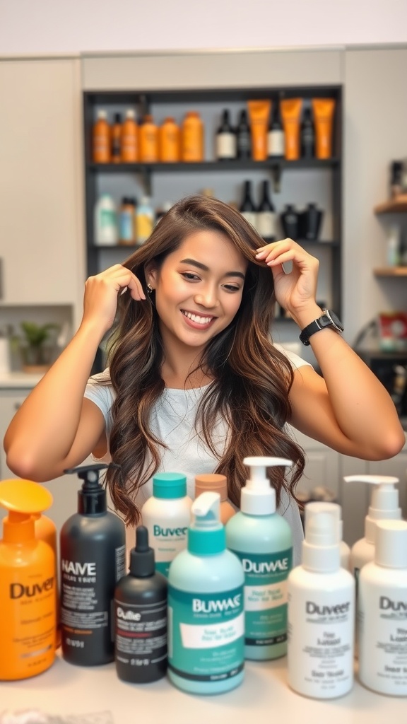 A young woman smiling and touching her hair, surrounded by various hair care products.